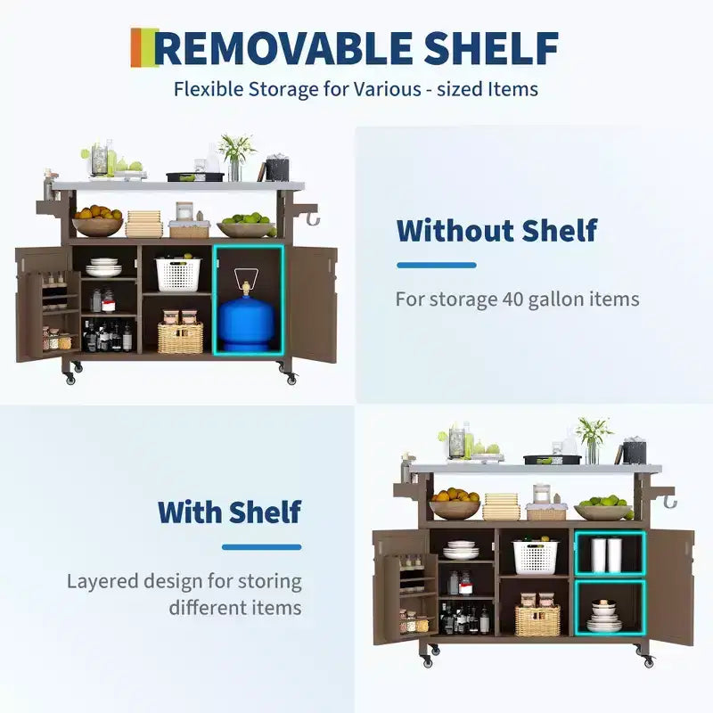 Outdoor Grill Cart with Storage Cabinet, Kitchen Island, Grill Cart Table with Stainless Steel Table Top, Spice Rack, Towel Rack & Lockable Wheels