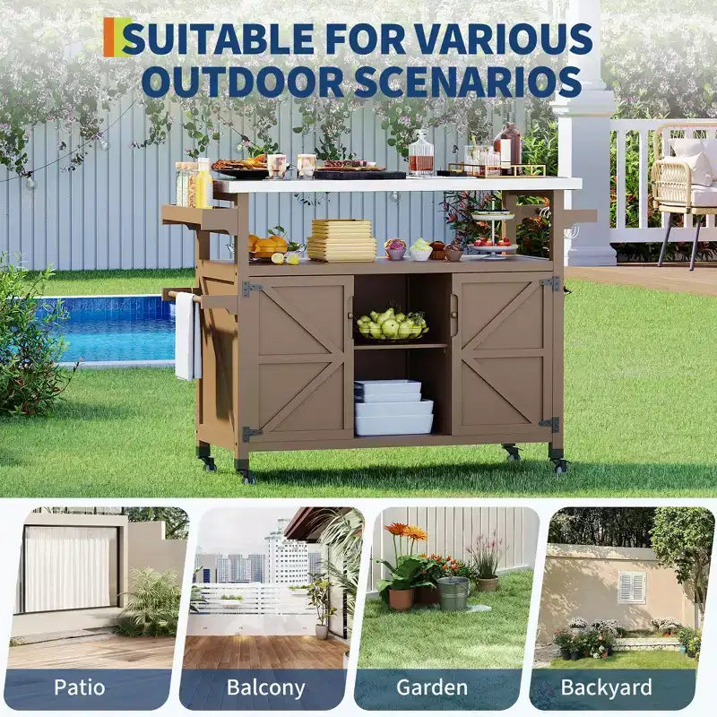 Outdoor Grill Cart with Storage Cabinet, Kitchen Island, Grill Cart Table with Stainless Steel Table Top, Spice Rack, Towel Rack & Lockable Wheels