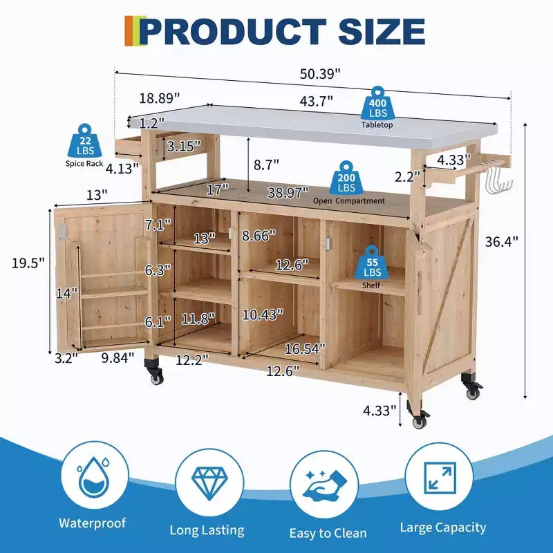 Outdoor Grill Cart with Storage Cabinet, Kitchen Island, Grill Cart Table with Stainless Steel Table Top, Spice Rack, Towel Rack & Lockable Wheels