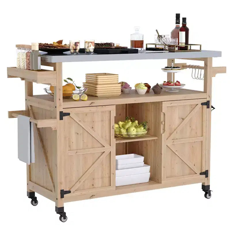 Outdoor Grill Cart with Storage Cabinet, Kitchen Island, Grill Cart Table with Stainless Steel Table Top, Spice Rack, Towel Rack & Lockable Wheels
