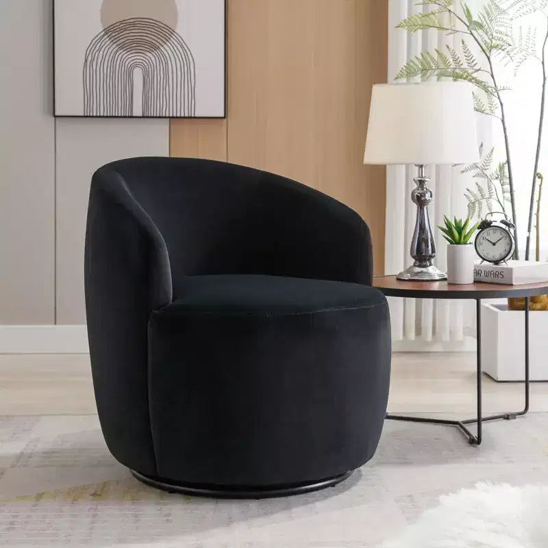 Velvet Fabric Swivel Accent Armchair Barrel Chair With Black Powder Coating Metal Ring Black