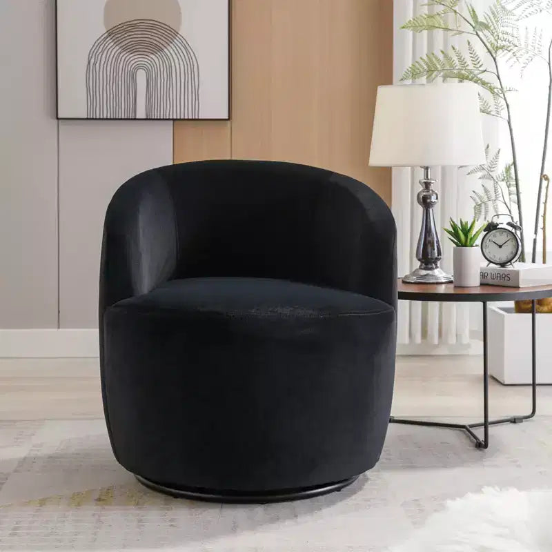Velvet Fabric Swivel Accent Armchair Barrel Chair With Black Powder Coating Metal Ring Black