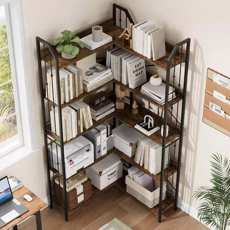 Tall Corner Bookshelf 72, White Gold 5-Tier L-Shape Bookcase with Beaded Detail, Space-Saving Large Corner Shelf for Living Room, Bedroom, Office