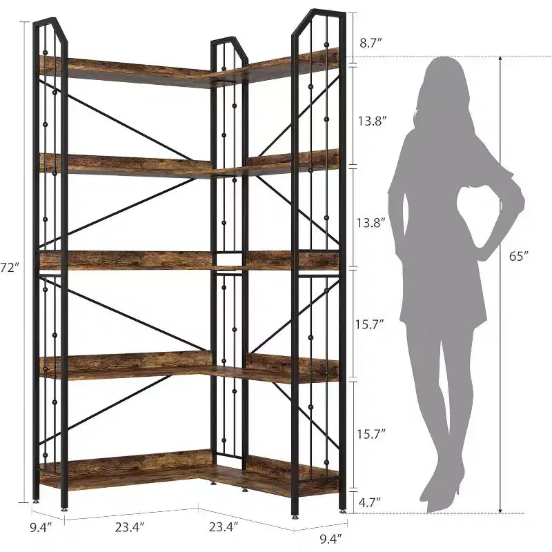 Tall Corner Bookshelf 72, White Gold 5-Tier L-Shape Bookcase with Beaded Detail, Space-Saving Large Corner Shelf for Living Room, Bedroom, Office