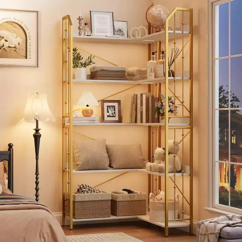 Tall Corner Bookshelf 72, White Gold 5-Tier L-Shape Bookcase with Beaded Detail, Space-Saving Large Corner Shelf for Living Room, Bedroom, Office