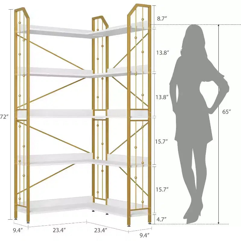 Tall Corner Bookshelf 72, White Gold 5-Tier L-Shape Bookcase with Beaded Detail, Space-Saving Large Corner Shelf for Living Room, Bedroom, Office