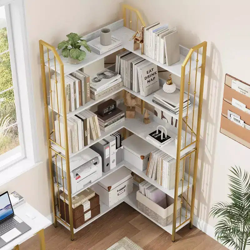 Tall Corner Bookshelf 72, White Gold 5-Tier L-Shape Bookcase with Beaded Detail, Space-Saving Large Corner Shelf for Living Room, Bedroom, Office