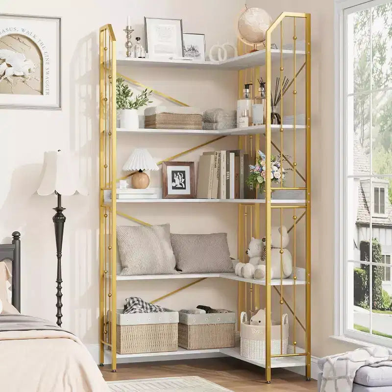 Tall Corner Bookshelf 72, White Gold 5-Tier L-Shape Bookcase with Beaded Detail, Space-Saving Large Corner Shelf for Living Room, Bedroom, Office