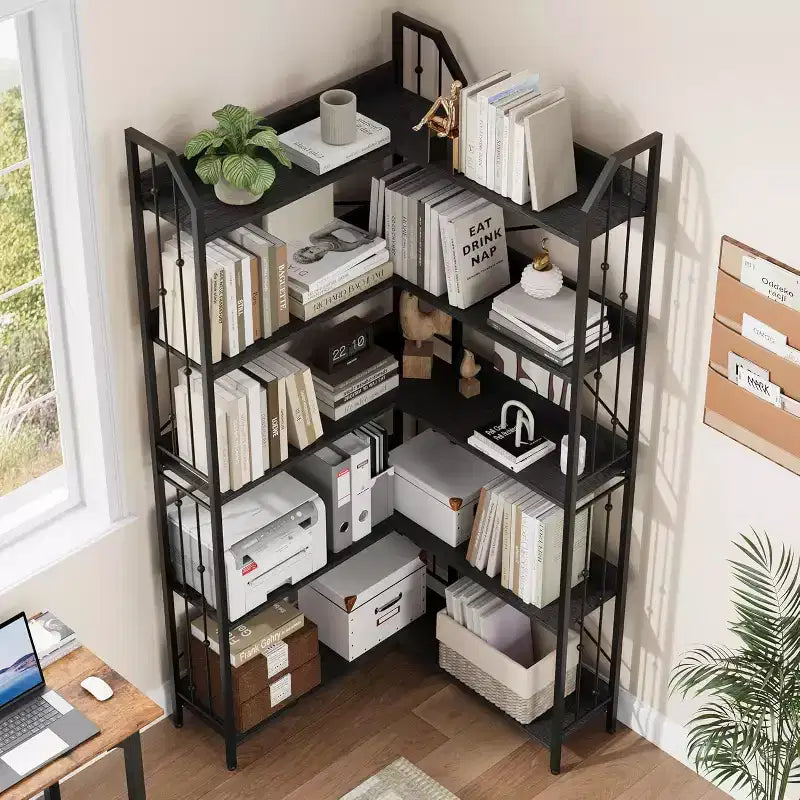 Tall Corner Bookshelf 72, White Gold 5-Tier L-Shape Bookcase with Beaded Detail, Space-Saving Large Corner Shelf for Living Room, Bedroom, Office