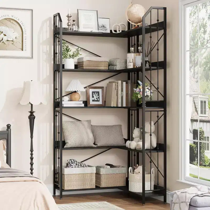 Tall Corner Bookshelf 72, White Gold 5-Tier L-Shape Bookcase with Beaded Detail, Space-Saving Large Corner Shelf for Living Room, Bedroom, Office