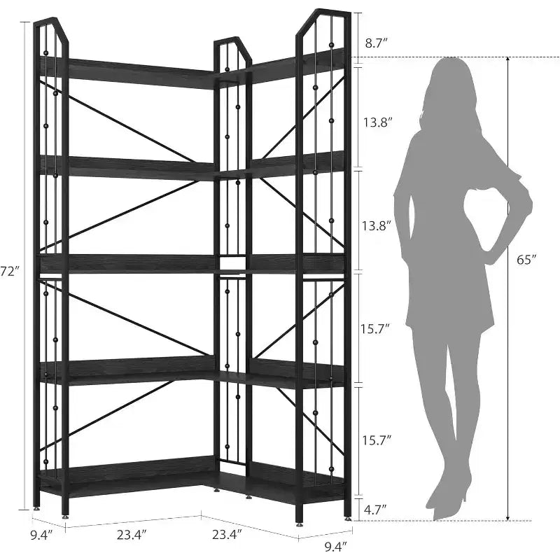 Tall Corner Bookshelf 72, White Gold 5-Tier L-Shape Bookcase with Beaded Detail, Space-Saving Large Corner Shelf for Living Room, Bedroom, Office