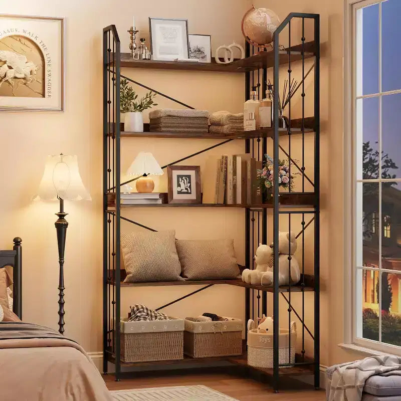 Tall Corner Bookshelf 72, White Gold 5-Tier L-Shape Bookcase with Beaded Detail, Space-Saving Large Corner Shelf for Living Room, Bedroom, Office