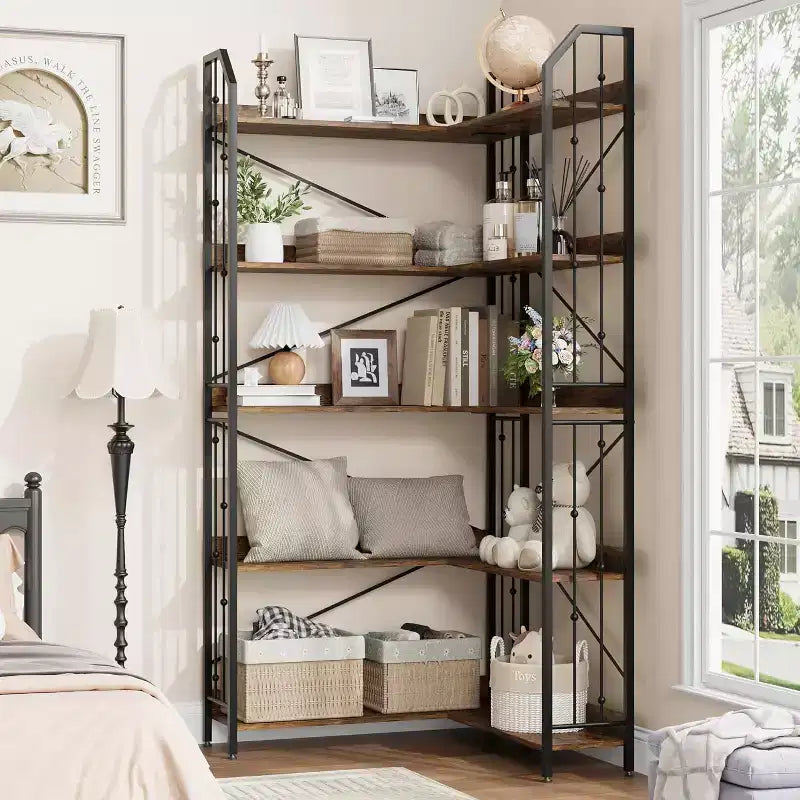 Tall Corner Bookshelf 72, White Gold 5-Tier L-Shape Bookcase with Beaded Detail, Space-Saving Large Corner Shelf for Living Room, Bedroom, Office