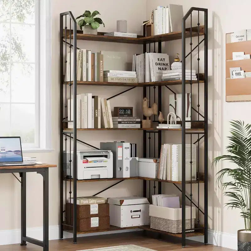 Tall Corner Bookshelf 72, White Gold 5-Tier L-Shape Bookcase with Beaded Detail, Space-Saving Large Corner Shelf for Living Room, Bedroom, Office