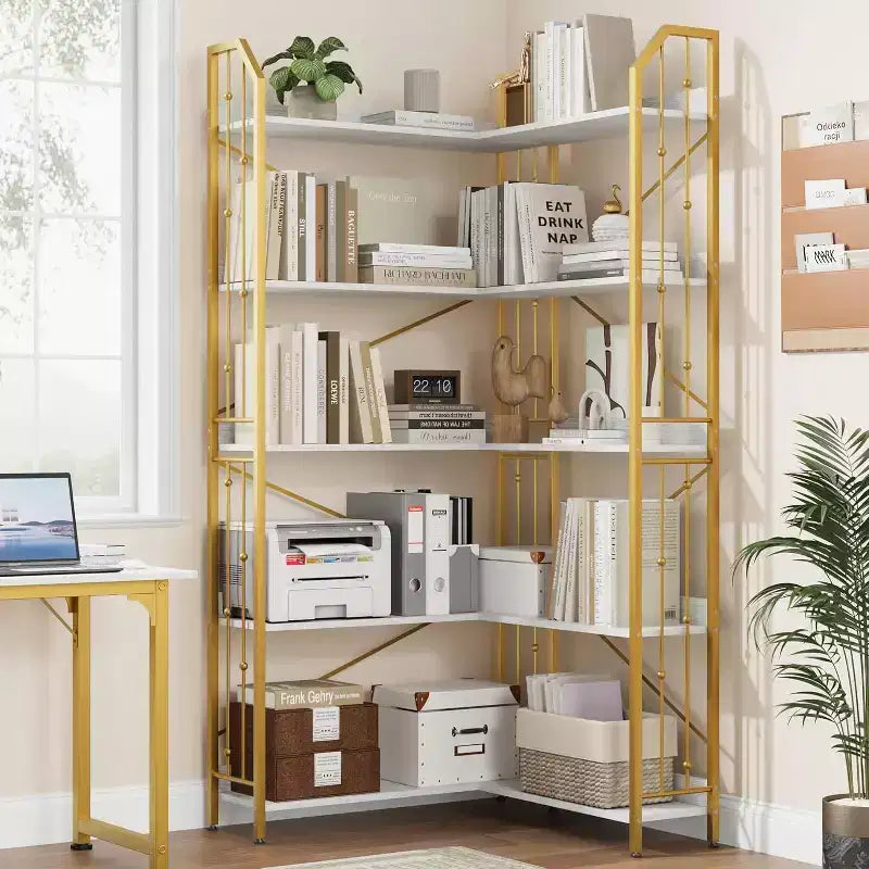 Tall Corner Bookshelf 72, White Gold 5-Tier L-Shape Bookcase with Beaded Detail, Space-Saving Large Corner Shelf for Living Room, Bedroom, Office