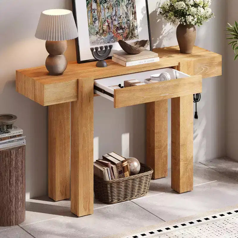 Tavolino Console da 47 con Cassetti, Tavolo Dietro Divano in Legno, Tavolino Stretto da Ingresso per Soggiorno o Ufficio