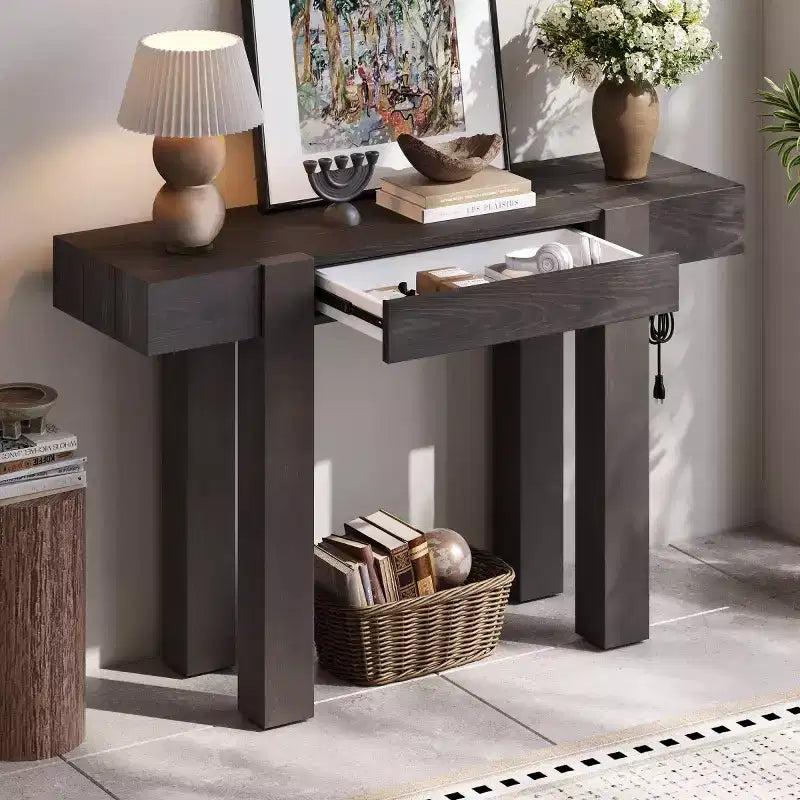 Tavolino Console da 47 con Cassetti, Tavolo Dietro Divano in Legno, Tavolino Stretto da Ingresso per Soggiorno o Ufficio