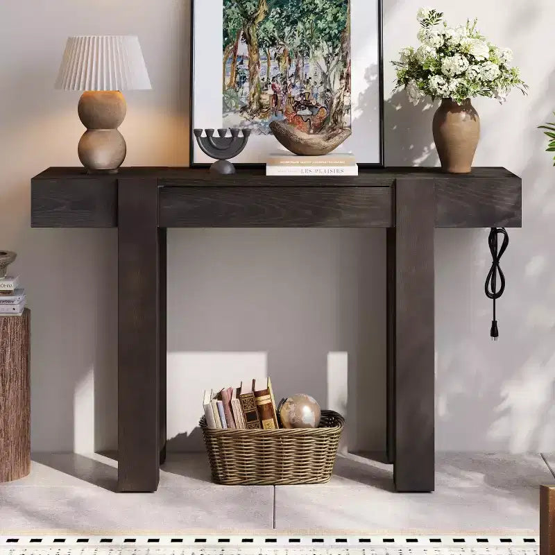 Tavolino Console da 47 con Cassetti, Tavolo Dietro Divano in Legno, Tavolino Stretto da Ingresso per Soggiorno o Ufficio