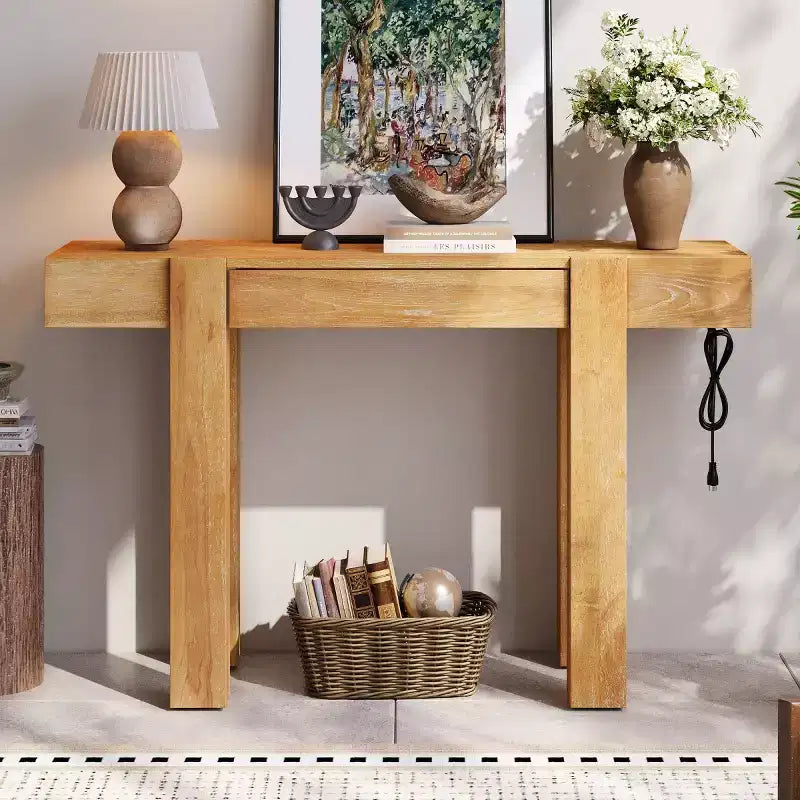 Tavolino Console da 47 con Cassetti, Tavolo Dietro Divano in Legno, Tavolino Stretto da Ingresso per Soggiorno o Ufficio