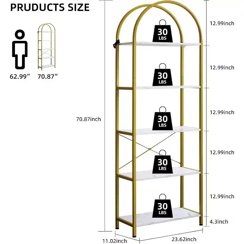 Libreria a 5 Ripiani, Scaffale Espositivo Ad Arco, Scaffale Alto per CD/Libri, Scaffale Moderno di Grandi Dimensioni in Legno per Camera da Letto, Soggiorno, Ufficio