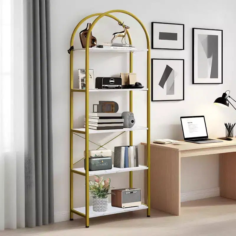 Libreria a 5 Ripiani, Scaffale Espositivo Ad Arco, Scaffale Alto per CD/Libri, Scaffale Moderno di Grandi Dimensioni in Legno per Camera da Letto, Soggiorno, Ufficio