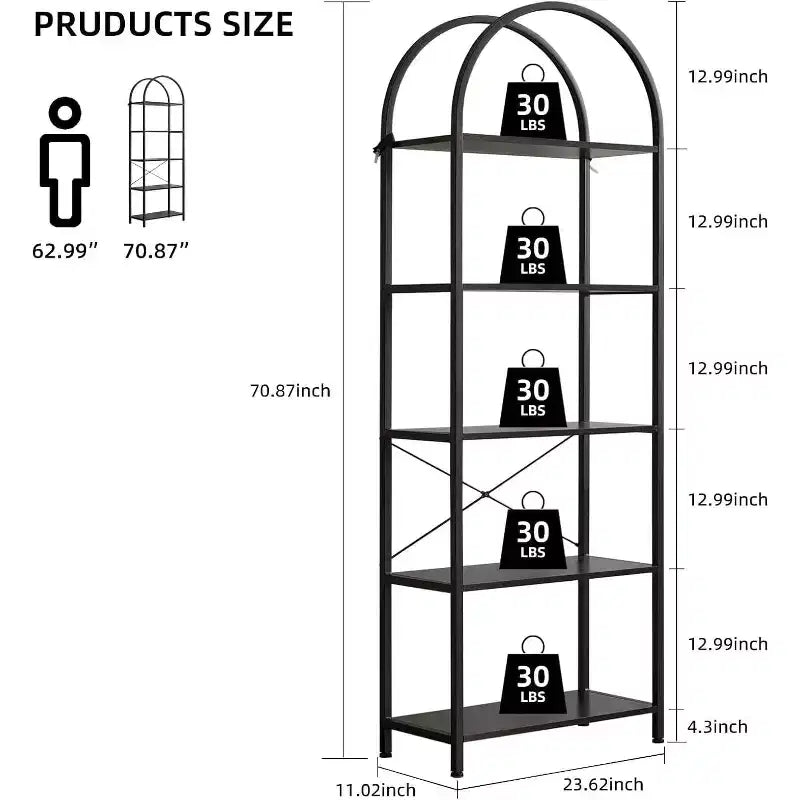 Libreria a 5 Ripiani, Scaffale Espositivo Ad Arco, Scaffale Alto per CD/Libri, Scaffale Moderno di Grandi Dimensioni in Legno per Camera da Letto, Soggiorno, Ufficio