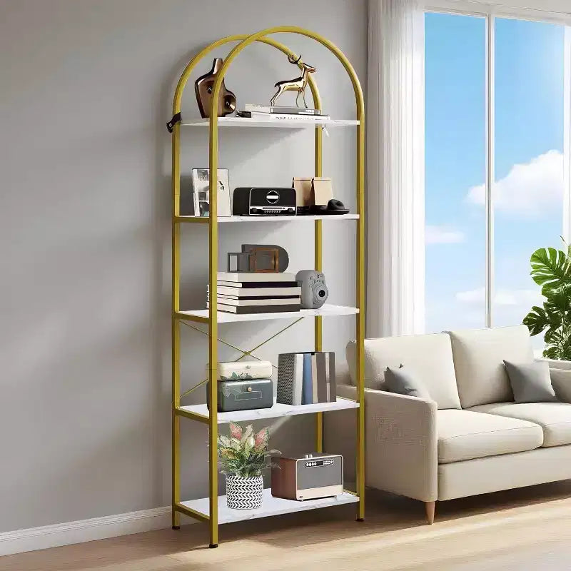 Libreria a 5 Ripiani, Scaffale Espositivo Ad Arco, Scaffale Alto per CD/Libri, Scaffale Moderno di Grandi Dimensioni in Legno per Camera da Letto, Soggiorno, Ufficio