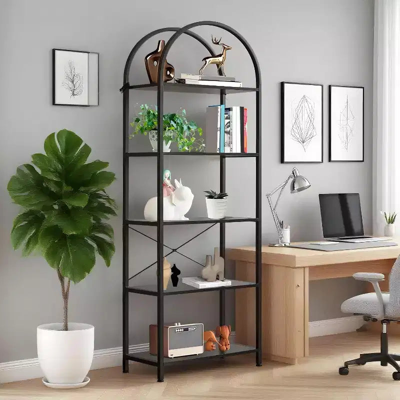 Libreria a 5 Ripiani, Scaffale Espositivo Ad Arco, Scaffale Alto per CD/Libri, Scaffale Moderno di Grandi Dimensioni in Legno per Camera da Letto, Soggiorno, Ufficio