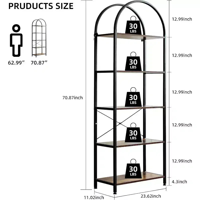Libreria a 5 Ripiani, Scaffale Espositivo Ad Arco, Scaffale Alto per CD/Libri, Scaffale Moderno di Grandi Dimensioni in Legno per Camera da Letto, Soggiorno, Ufficio