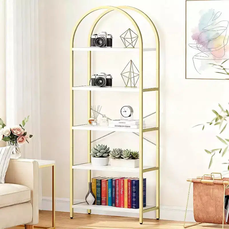 Libreria a 5 Ripiani, Scaffale Espositivo Ad Arco, Scaffale Alto per CD/Libri, Scaffale Moderno di Grandi Dimensioni in Legno per Camera da Letto, Soggiorno, Ufficio