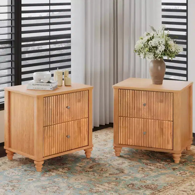 Set of 2 Fluted Nightstands, 22 Mid-Century Modern Bedside Tables with 3 Drawers & Solid Wood Legs - Panipeachy