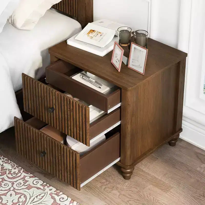 Set of 2 Fluted Nightstands, 22 Mid-Century Modern Bedside Tables with 3 Drawers & Solid Wood Legs - Panipeachy
