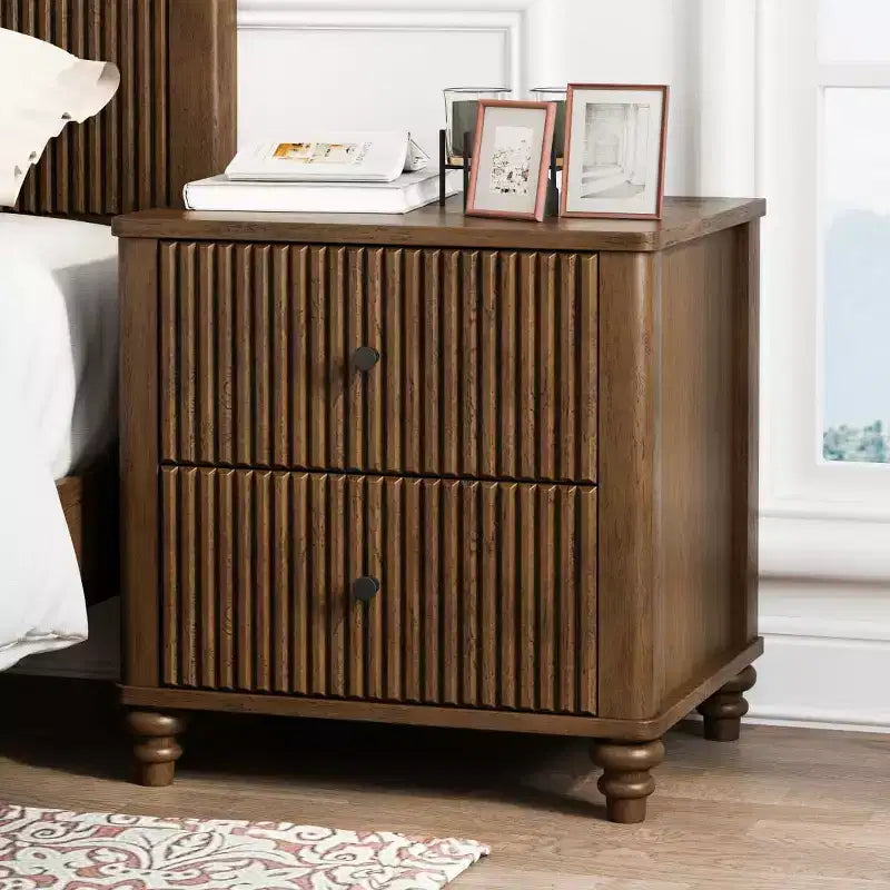 Set of 2 Fluted Nightstands, 22 Mid-Century Modern Bedside Tables with 3 Drawers & Solid Wood Legs - Panipeachy