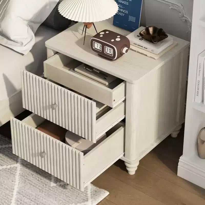 Set of 2 Fluted Nightstands, 22 Mid-Century Modern Bedside Tables with 3 Drawers & Solid Wood Legs - Panipeachy