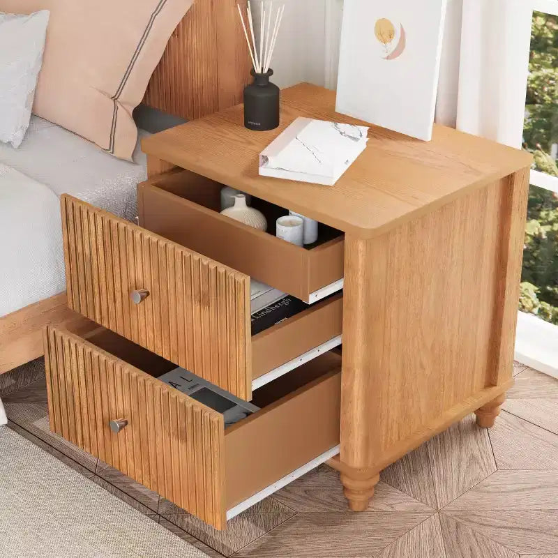 Set of 2 Fluted Nightstands, 22 Mid-Century Modern Bedside Tables with 3 Drawers & Solid Wood Legs - Panipeachy