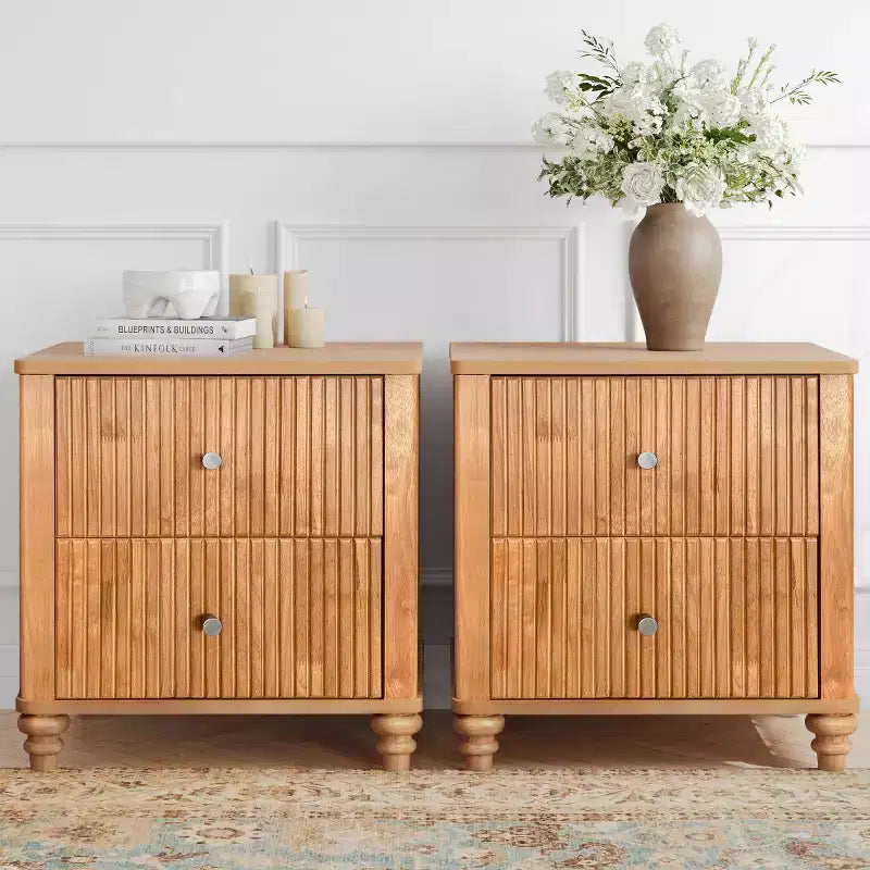 Set of 2 Fluted Nightstands, 22 Mid-Century Modern Bedside Tables with 3 Drawers & Solid Wood Legs - Panipeachy