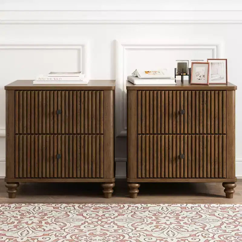 Set of 2 Fluted Nightstands, 22 Mid-Century Modern Bedside Tables with 3 Drawers & Solid Wood Legs - Panipeachy
