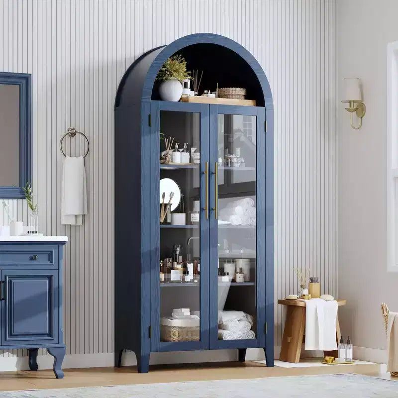 Dispensa da Cucina Ad Arco - Scaffale Rustico a 5 Ripiani con Ripiano Regolabile e 2 Grandi Ante in Vetro, Armadio Contenitore Versatile