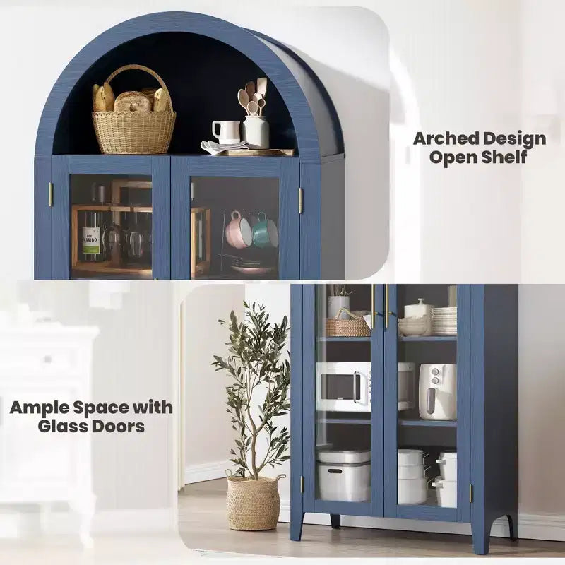 Dispensa da Cucina Ad Arco - Scaffale Rustico a 5 Ripiani con Ripiano Regolabile e 2 Grandi Ante in Vetro, Armadio Contenitore Versatile