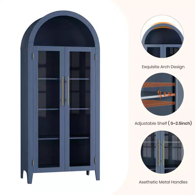Dispensa da Cucina Ad Arco - Scaffale Rustico a 5 Ripiani con Ripiano Regolabile e 2 Grandi Ante in Vetro, Armadio Contenitore Versatile