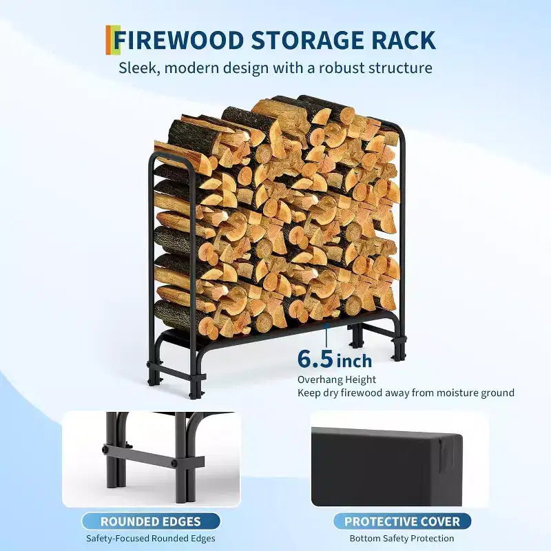 Full Covered Firewood Rack with Black Waterproof Cover, Outdoor Metal Log Holder with Zipper for Fireplace Porch Patio
