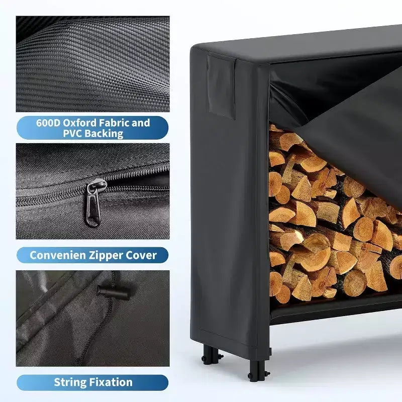 Full Covered Firewood Rack with Black Waterproof Cover, Outdoor Metal Log Holder with Zipper for Fireplace Porch Patio