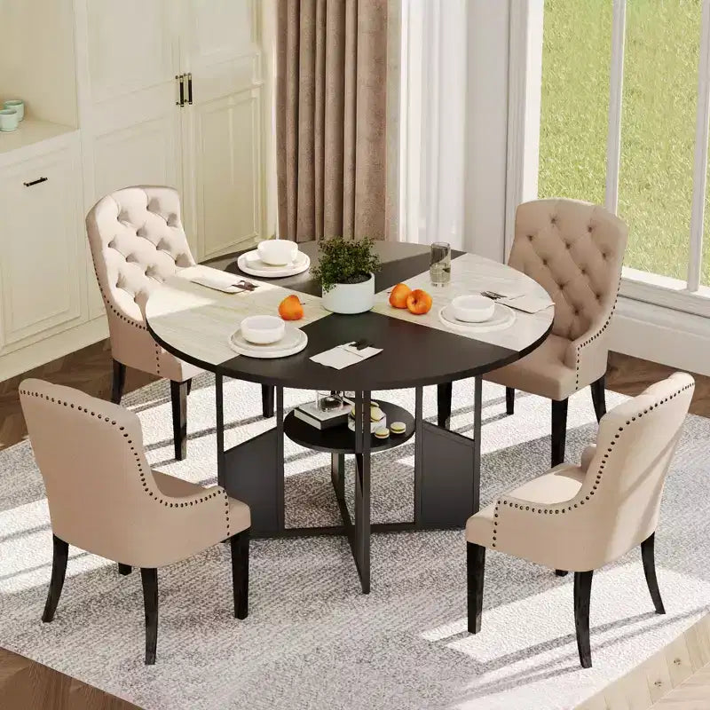 Tavolo da Pranzo Rotondo per 4-6 Persone - Tavolo da Cucina Circolare Modern Farmhouse in Legno con Ripiano Contenitore, Piano del Tavolo Impermeabile, Mobili per Angolo Colazione