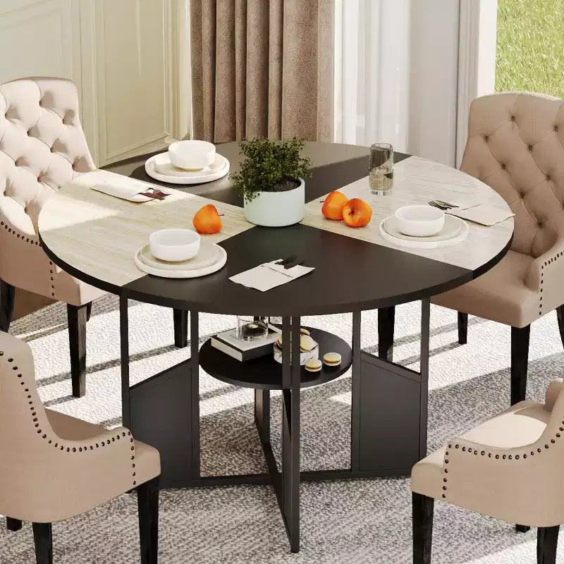 Tavolo da Pranzo Rotondo per 4-6 Persone - Tavolo da Cucina Circolare Modern Farmhouse in Legno con Ripiano Contenitore, Piano del Tavolo Impermeabile, Mobili per Angolo Colazione