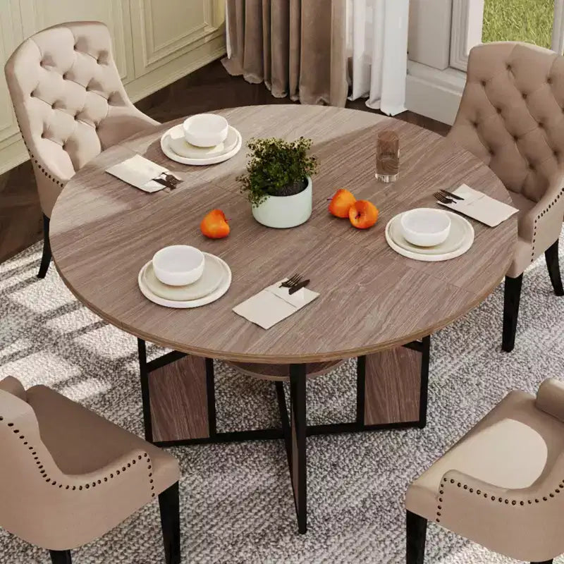 Tavolo da Pranzo Rotondo per 4-6 Persone - Tavolo da Cucina Circolare Modern Farmhouse in Legno con Ripiano Contenitore, Piano del Tavolo Impermeabile, Mobili per Angolo Colazione