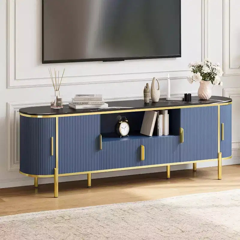 Mobile TV a quattro ante in MDF con motivo a onde, centro di intrattenimento grande di lusso da 70 pollici, ripiani regolabili