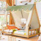 Letti a baldacchino a casetta singoli/matrimoniali con tenda e luci decorative, giroletto a piattaforma per bambini e ragazzi, nessuna rete a molle necessaria