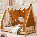 Letti a baldacchino a casetta singoli/matrimoniali con tenda e luci decorative, giroletto a piattaforma per bambini e ragazzi, nessuna rete a molle necessaria
