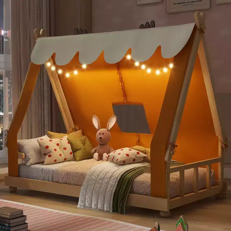 Letti a baldacchino a casetta singoli/matrimoniali con tenda e luci decorative, giroletto a piattaforma per bambini e ragazzi, nessuna rete a molle necessaria