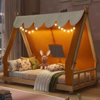Letti a baldacchino a casetta singoli/matrimoniali con tenda e luci decorative, giroletto a piattaforma per bambini e ragazzi, nessuna rete a molle necessaria